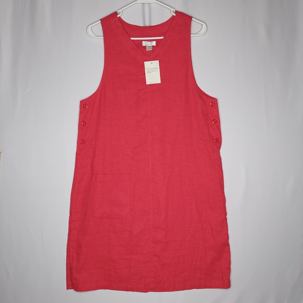 Christopher Banks Jumper Dress Medium Red Sleeveless VNeck Button Accent Coastal